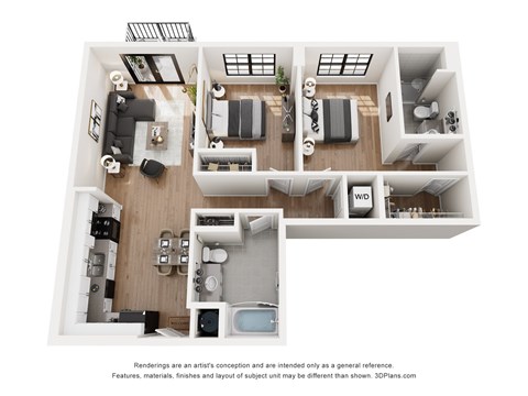 Floor plan for 2 beds, 2 baths, 1076 sqft